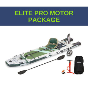 Sea Eagle FS1210 FishSUP with eLite motor, green seat, paddle, pump, and backpack.