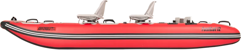 Red Sea Eagle FastCat12 inflatable catamaran boat with two gray seats and black trim.