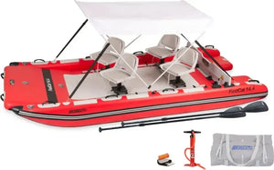 Red Sea Eagle FastCat 14.4 inflatable catamaran with four swivel seats, white canopy, paddles, pump, and carry bag.