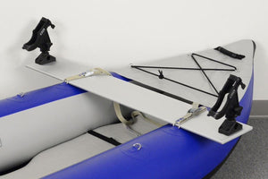 Sea Eagle Fish-n-Troll™ aluminum bench with two black Scotty rod holders attached to a blue inflatable kayak.
