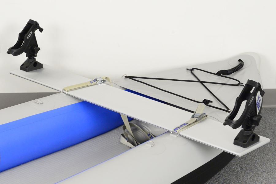 Sea Eagle Fish-n-Troll aluminum bench with two black Scotty rod holders attached to a gray inflatable kayak.