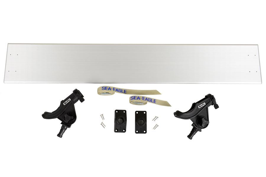 Sea Eagle Fish-n-Troll aluminum bench with two black Scotty rod holders, mounts, and straps.