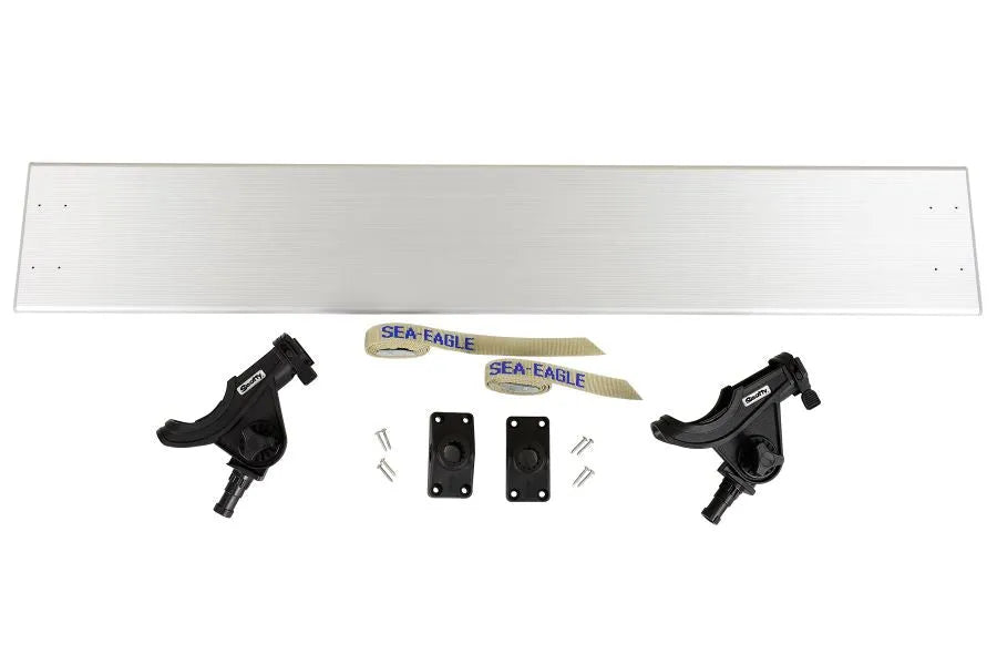 Sea Eagle Fish-n-Troll aluminum bench with two black Scotty rod holders, mounts, and straps.