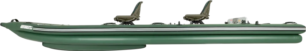 Green Sea Eagle FishSkiff 16 inflatable fishing boat with two swivel seats and external keel.