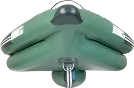 Folded green Sea Eagle FishSkiff 16 inflatable fishing boat, showing its compact, packable design.