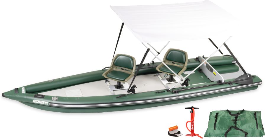 Green Sea Eagle FishSkiff 16 inflatable fishing boat with two seats, a white sun canopy, pump, and carry bag.