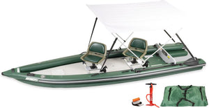 Green Sea Eagle FishSkiff 16 inflatable fishing boat with two seats, a white sun canopy, pump, and carry bag.