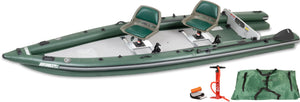 Green Sea Eagle FishSkiff 16 inflatable fishing boat with two seats, pump, and carry bag.
