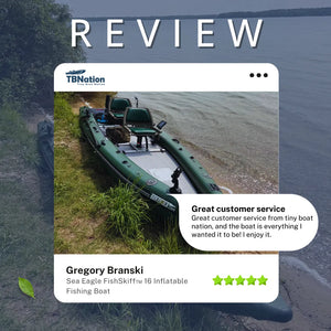 Green Sea Eagle FishSkiff 16 inflatable fishing boat with two seats on a grassy shore.