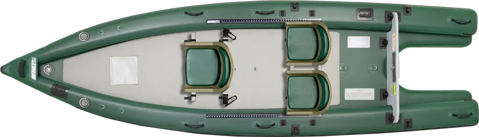 Green Sea Eagle FishSkiff 16 inflatable fishing boat with two olive seats and a gray deck.