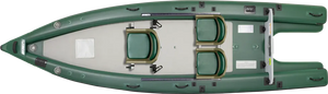 Green Sea Eagle FishSkiff 16 inflatable fishing boat with two olive seats and a gray deck.