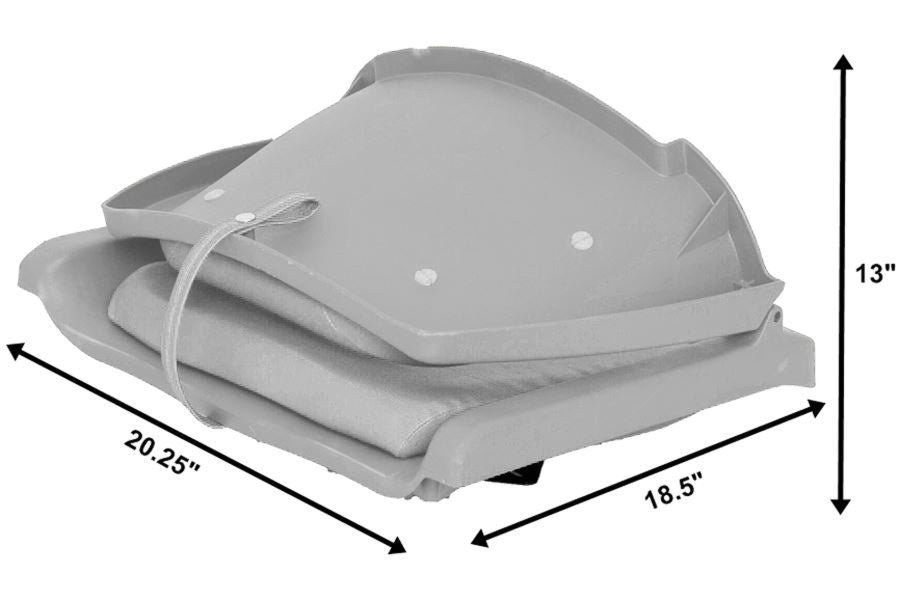 Gray Sea Eagle swivel boat seat, folded with dimensions: 20.25" wide, 18.5" deep, 13" high.