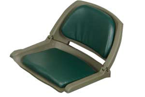 Sea Eagle green swivel boat seat with a tan plastic frame and dark green padded cushions.