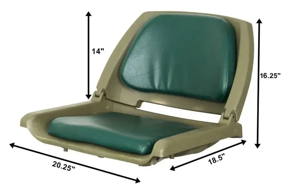 Sea Eagle green swivel boat seat with a tan plastic frame and dark green padded cushions.