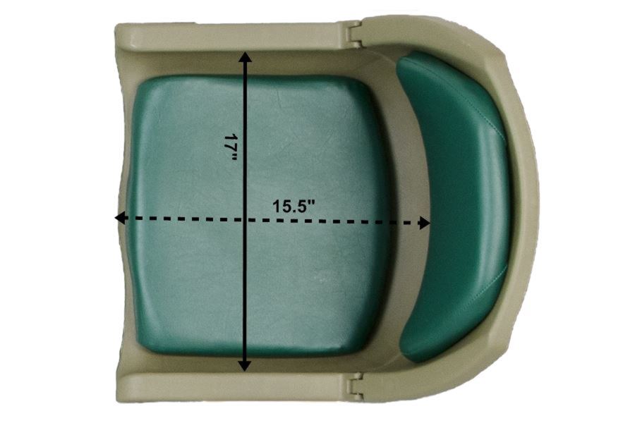 Top-down view of a tan Sea Eagle swivel seat with a green padded cushion, 17" deep by 15.5" wide.