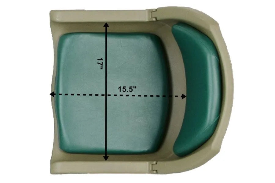 Top-down view of a tan Sea Eagle swivel seat with a green padded cushion, 17" deep by 15.5" wide.
