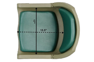 Top-down view of a tan Sea Eagle swivel seat with a green padded cushion, 17" deep by 15.5" wide.