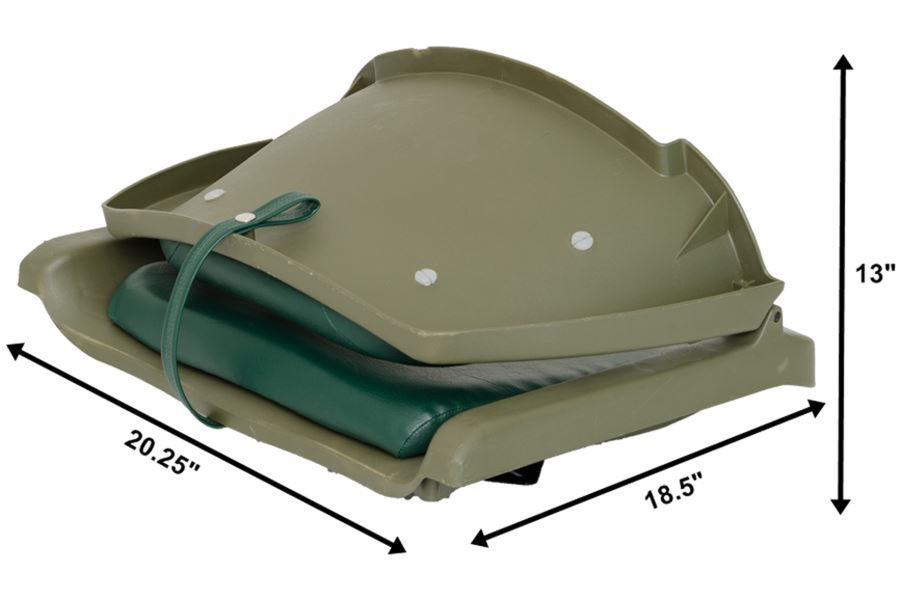 Folded Sea Eagle green swivel boat seat with dark green cushion, measuring 20.25" x 18.5" x 13".