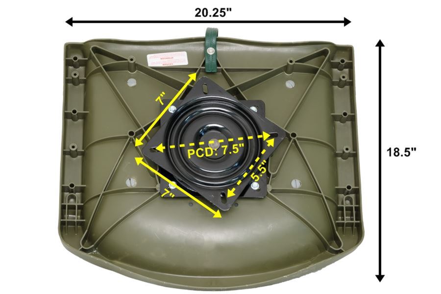 Olive green Sea Eagle swivel boat seat, 20.25" wide x 18.5" deep, with black swivel base.