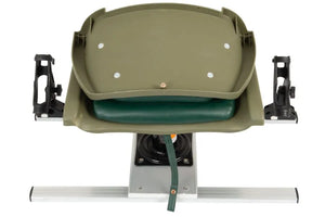 Green swivel fishing seat with a dark green cushion, mounted on an aluminum frame with two black Scotty rod holders.