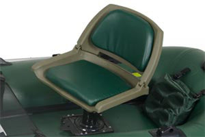 Hunter green swivel fishing seat kit with folding back on a green inflatable boat.