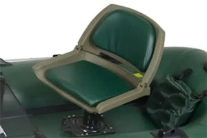 Hunter green swivel fishing seat kit with folding back on a green inflatable boat.