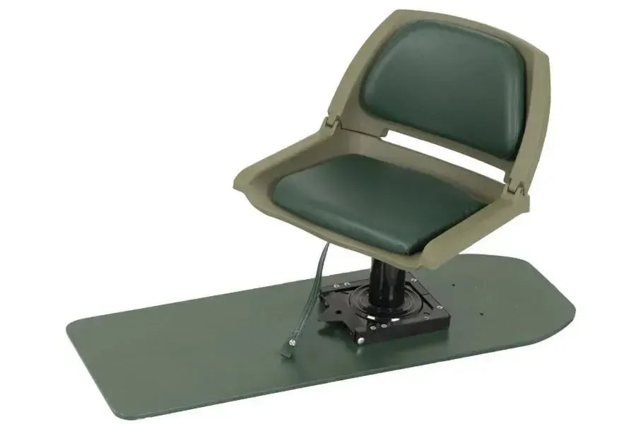 Hunter green swivel fishing seat kit with folding back on a green inflatable boat.