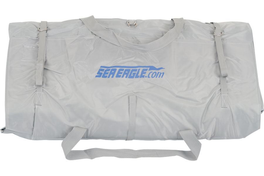 Gray Sea Eagle kayak carry bag with blue logo, shoulder straps, and buckle closures.