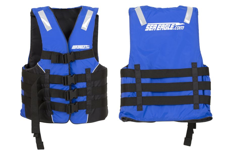 Blue Sea Eagle S/M life jacket with four black adjustable straps and reflective strips.