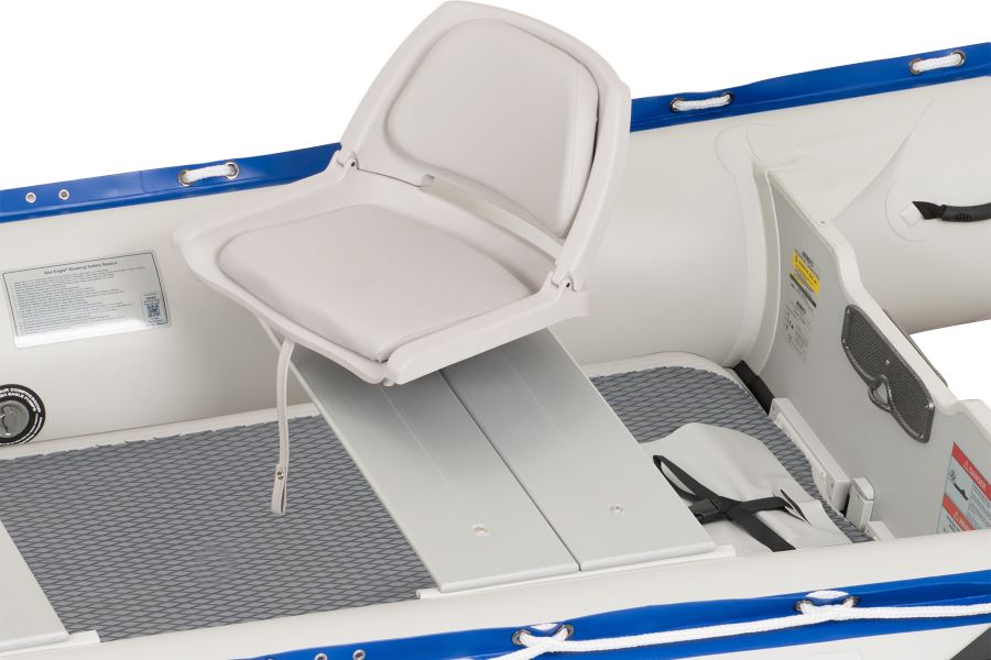 Sea Eagle gray locking swivel seat kit with back support installed in a white and blue inflatable sport runabout.