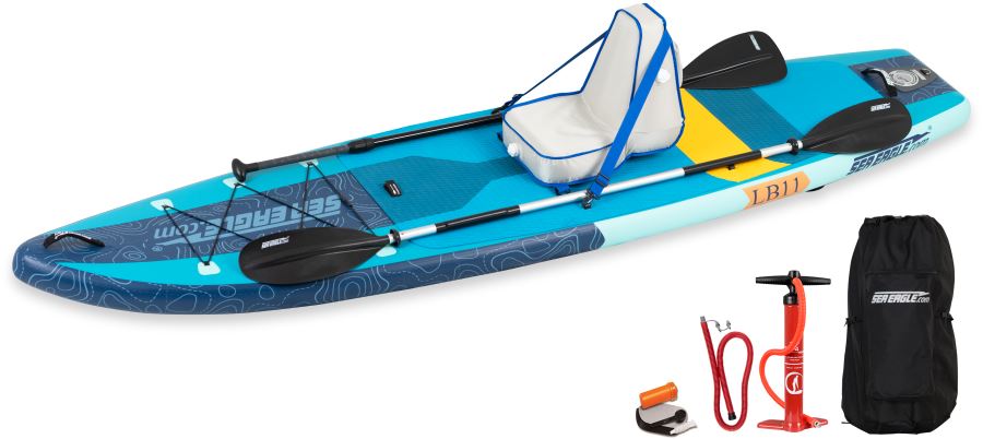 Blue and yellow Sea Eagle LongBoard 11 inflatable paddleboard with paddle, pump, and carry bag.