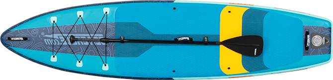 Sea Eagle LongBoard 11 inflatable paddleboard, blue and teal with yellow stripes, black paddle, and bungee cords.