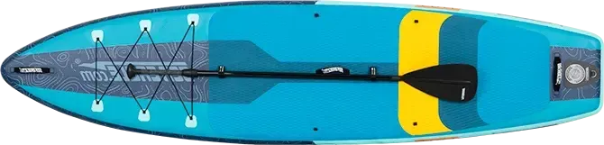 Sea Eagle LongBoard 11 inflatable paddleboard, blue and teal with yellow stripes, black paddle, and bungee cords.