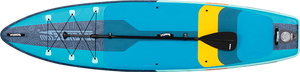 Sea Eagle LongBoard 11 inflatable paddleboard, blue and teal with yellow stripes, black paddle, and bungee cords.