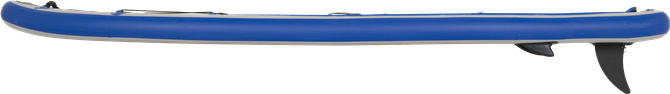 Sea Eagle LongBoard 11 inflatable paddleboard, blue and gray with black fins, side view.
