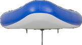 Blue and white inflatable Sea Eagle LongBoard 11 SUP with fins, viewed from the front.