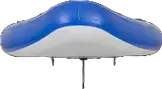 Blue and white inflatable Sea Eagle LongBoard 11 SUP with fins, viewed from the front.