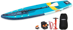 Sea Eagle LongBoard 11 inflatable paddleboard in blue and yellow with paddle, pump, and carry bags.