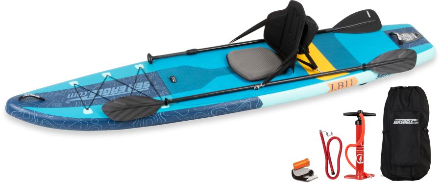Sea Eagle LongBoard 11 inflatable paddleboard with seat, paddle, pump, and carry bag on white background.