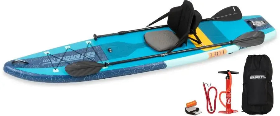 Sea Eagle LongBoard 11 inflatable paddleboard with seat, paddle, pump, and carry bag on white background.