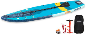 Blue and yellow Sea Eagle LongBoard 11 inflatable paddleboard with paddle, pump, and carry bag.