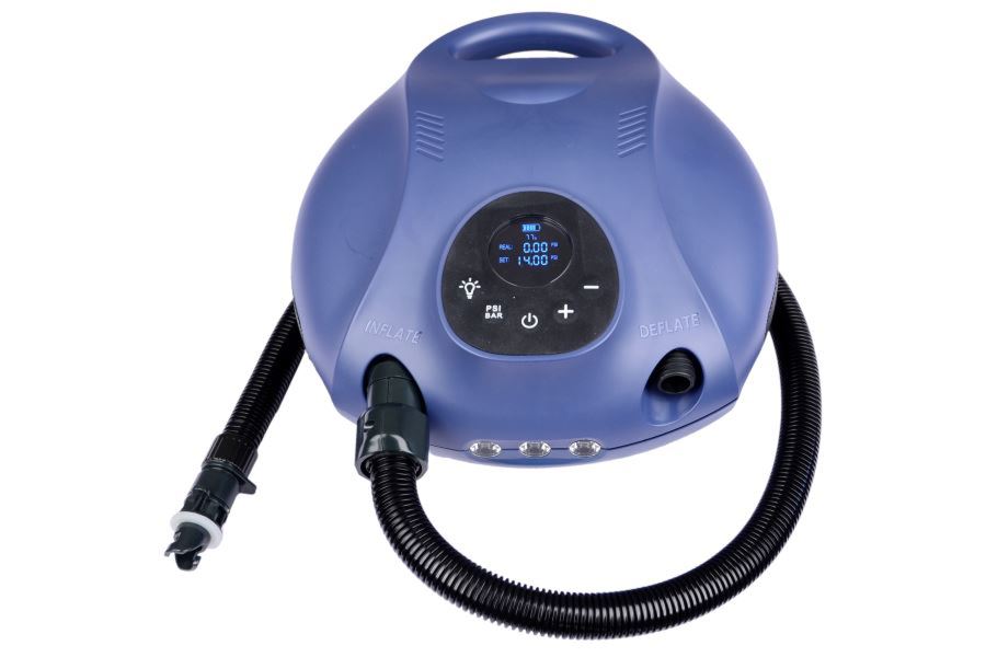 Sea Eagle MEGA 4-cylinder Electric Turbo Pump, dark blue with digital screen, inflation hose, and adapters.