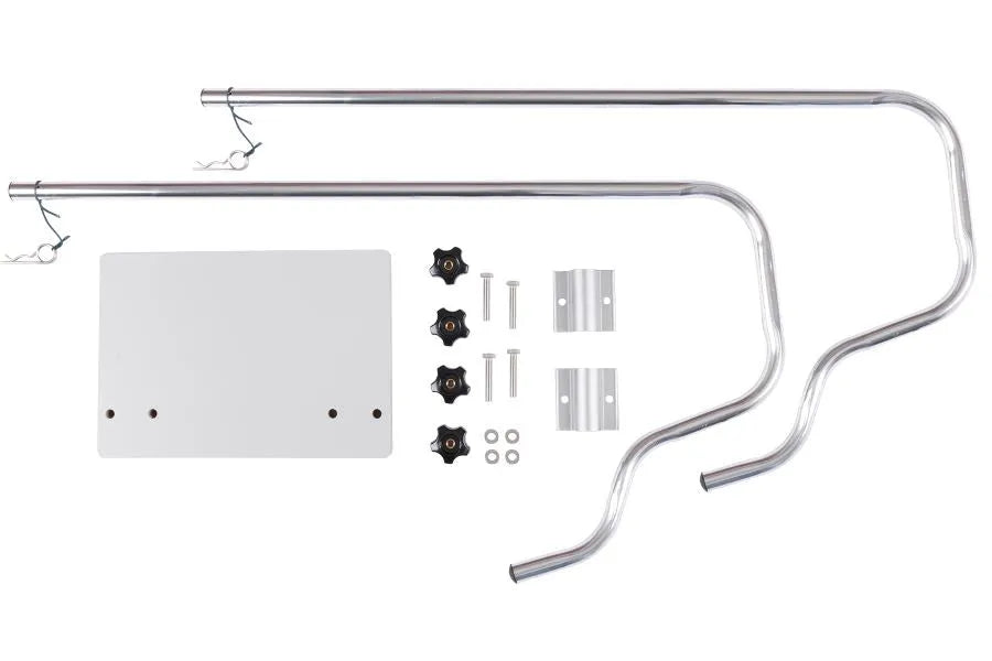 Silver aluminum Sea Eagle MM3 Motormount for SE9, disassembled with mounting plate, tubes, and hardware.