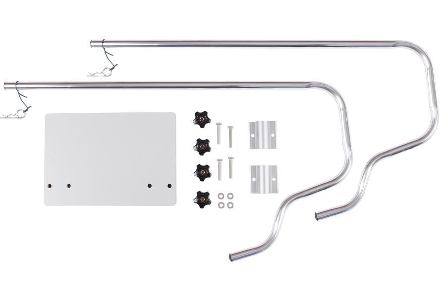 Sea Eagle MM3 Motormount with aluminum tubing attached to a white and blue inflatable SE9 boat.