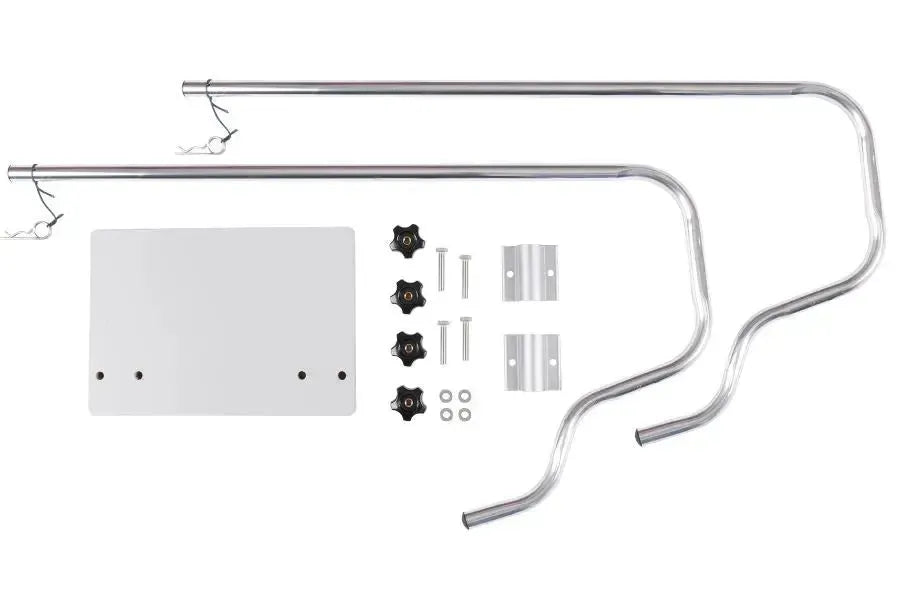 Sea Eagle MM3 Motormount with aluminum tubing attached to a white and blue inflatable SE9 boat.