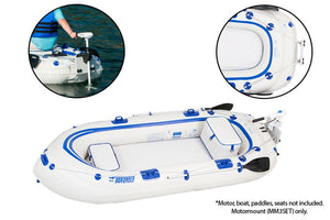 White Sea Eagle inflatable boat with blue accents and a motormount attached.