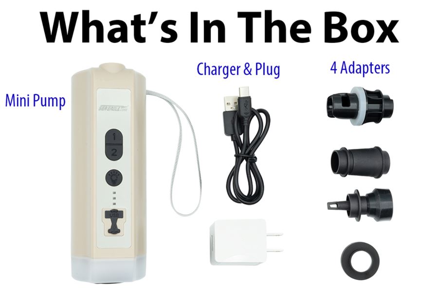 Sea Eagle Mini-Pump 3-IN-1 electric air pump with built-in flashlight, light tan body, and black nozzle.
