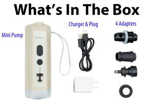 Sea Eagle Mini-Pump 3-IN-1 electric air pump, charger, plug, and 4 black inflation adapters.