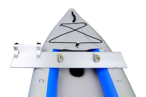 Silver aluminum Sea Eagle motormount attached to a gray and blue inflatable kayak.