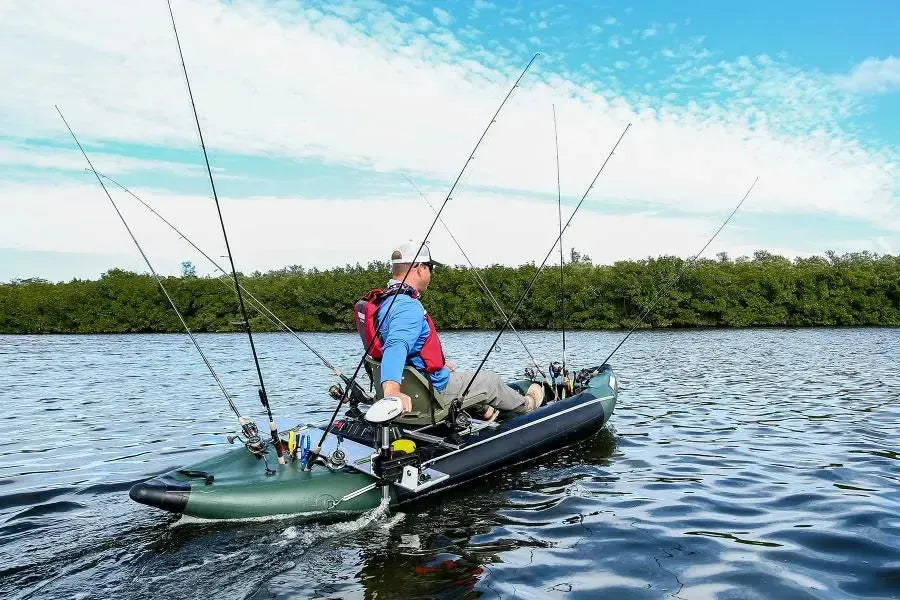 Silver aluminum Sea Eagle motormount attached to a gray and blue inflatable kayak.